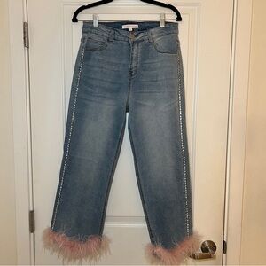 Hot & Delicious Jeans with Rhinestones and Faux Fur Size L